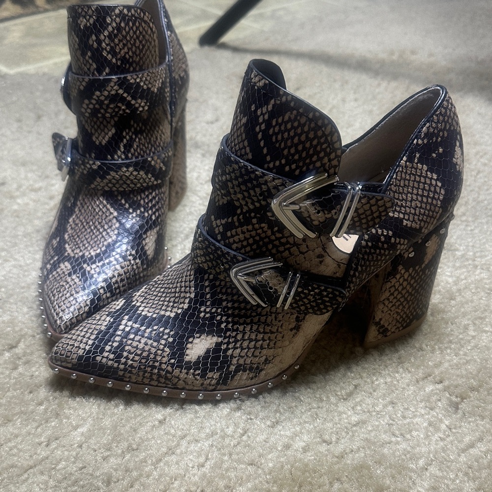 Gianni Bini Snake Print Heeled Boots - Black and Brown